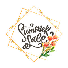 Trendy floral vector template. Summer flowers and Summer sale lettering illustration. Shabby gold texture on striped background.