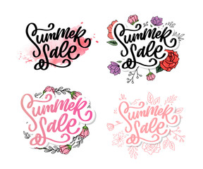 Trendy floral vector template. Summer flowers and Summer sale lettering illustration.