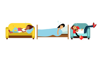 People Characters Fallen Asleep on Couch While Reading Vector Illustration Set