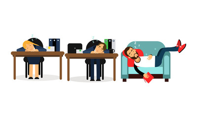 People Characters Sleeping at Office Desk and at Home Vector Illustration Set