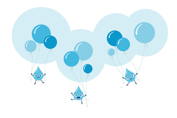 Flat style vector illustration of blue water and rain drops flying with blue bubble balloons. Children composition for cards, backgrounds, fabric prints etc. Happy and funny cartoon characters.