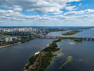 Fototapeta na wymiar Aerial drone view of the Dnieper River in Kiev.