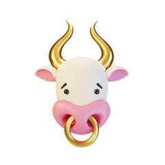 Symbol of 2021 bull, 3d render illustration isolated on a white background. Happy New Year and Christmas greeting card