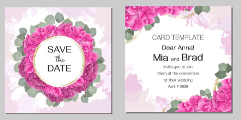 Floral wedding design. Lovely pink hydrangea, green leaves.