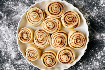 Bakery Cookies Delicious Food Closeup Top View Photography. Preparing Gastronomy Traditional Sweet Meal Dessert with Cinnamon and Sugar. Rolled Dough Pieces with Ingredients Home Made Culinary Recipe
