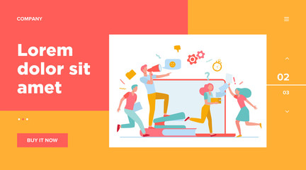 Angry boss with megaphone shouting at employees for missing deadline. Office workers running in chaos, panic and hurry. Vector illustration for overwork, project failure, stress at workplace topics