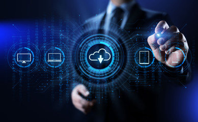 Cloud technology data storage processing computing Internet concept. Businessman pressing button on...