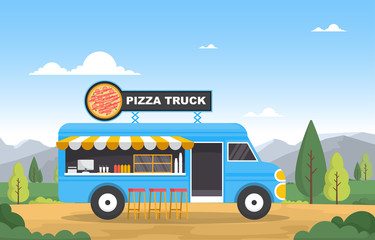 Pizza Fast Food Truck Van Car Vehicle Street Shop Illustration