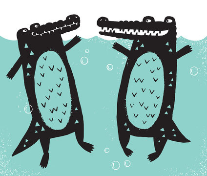 A cute illustration of two crocodiles done in a graphic linocut illustrative technique. Vector illustration. 