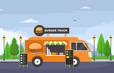Burger Fast Food Truck Van Car Vehicle Street Shop Illustration