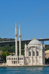 Fototapeta na wymiar Istanbul cityscape, including Bosphorus bridge and Ortakoy Mosque as seen from a passenger boat - Istanbul, Turkey