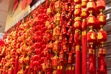 Shanghi, February 2019. Chinese decorations in an indoor market. Lunar New Year