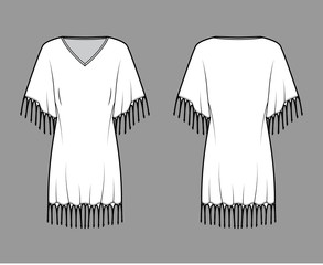 Fringed kaftan dress technical fashion illustration with deep V-neck, batwing elbow sleeves, above-the-knee length, oversized. Flat template front back white color. Women men unisex top CAD mockup