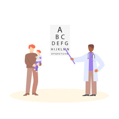 Father and son at the ophthalmologist appointment. Flat cartoon character on isolated white background.