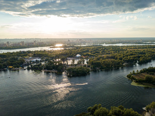 Sunset over the river Dnieper in Kiev. Aerial drone view.