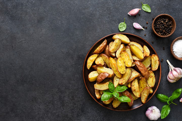 Fried potato wedges with salt and garlic in a plate on a black background. View from above.