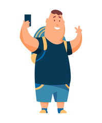 Tourist. Concept of an active lifestyle, tourism. A young man with smartphone and backpack. The guy is taking pictures or looking for a road on a GPS map. Vector illustration