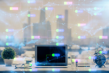 Multi exposure of table with computer on background and data theme drawing. Concept of innovation.