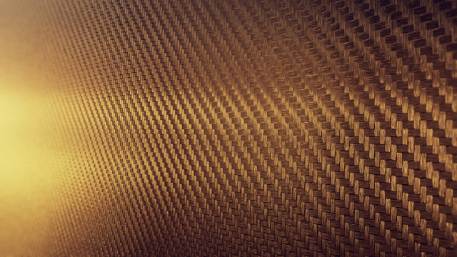 Carbon-fiber gold background. Dark with lighting. 3D rendering