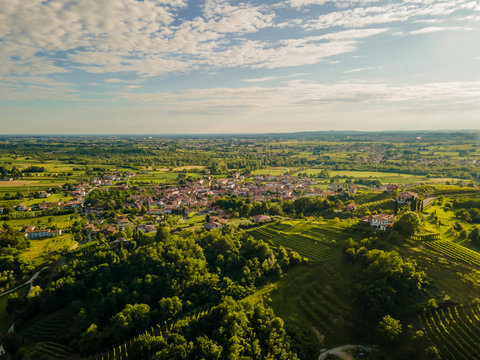 Friuli Venezia Giulia typical landscape, Udine province, Italian countryside from drone, aerial shot, vineyards hills 
