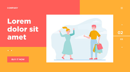 Happy couple shopping together. Support, bag, choosing flat vector illustration. . Relationship and family concept for banner, website design or landing web page