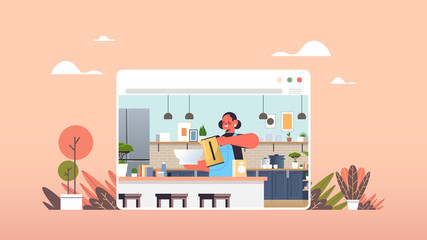 happy woman preparing food in web browser window online cooking concept modern kitchen interior horizontal portrait vector illustration