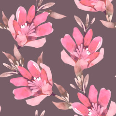 Pink Flowers Seamless Pattern. Watercolor Background.	