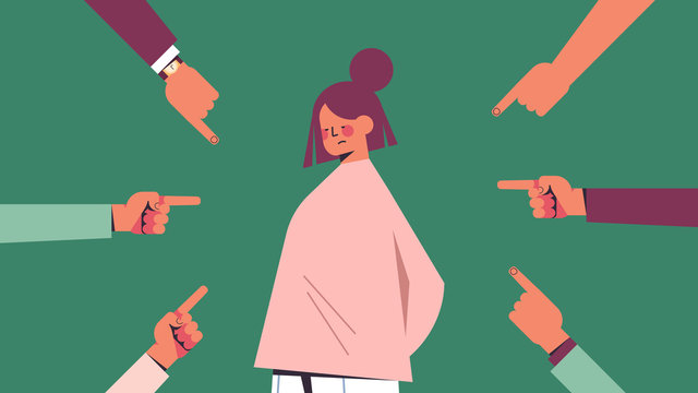 depressed girl surrounded by hands fingers mocking pointing her bullying inequality discrimination concept portrait horizontal vector illustration