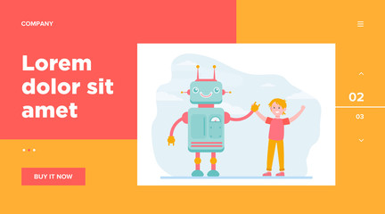 Happy boy rising hands with robot. Engineering, future, knowledge flat vector illustration. Technology and robotic industry concept for banner, website design or landing web page