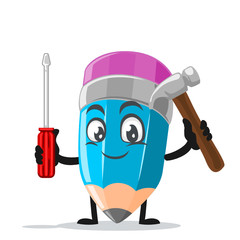vector illustration of mascot or pencil character holding hammer and screwdriver