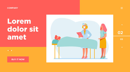 Doctor with disease history near patient bed. Hospital, analysis, guest flat vector illustration. Medicine and healthcare concept for banner, website design or landing web page