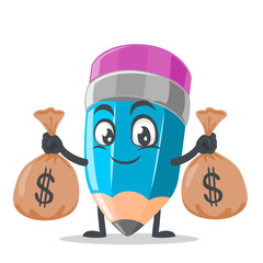 vector illustration of mascot or pencil character holding sacks of money