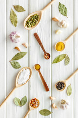Fototapeta premium Set of Indian spices and herbs in wooden spoons, top view