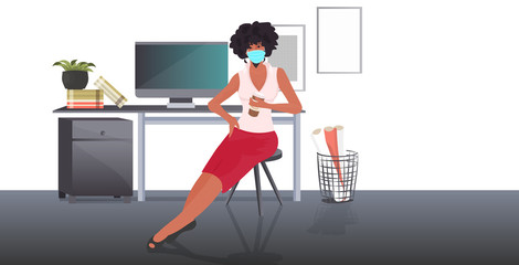 businesswoman in face mask sitting at workplace coronavirus epidemic protection self isolation remote work concept office interior full length horizontal vector illustration