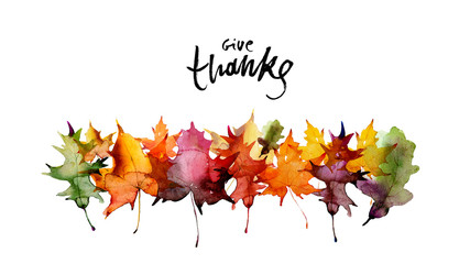 Happy thanksgiving text with watercolor autumn leaves and branches isolated on white background. Autumn illustration for greeting cards, invitations, blogs, posters, quote and wallpaper.