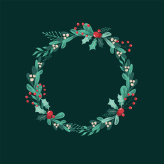 Christmas wreath of branches, leaves, berries, holly, white mistletoe, poinsettia. Isolated on dark green background. Round frame with place for text. Vector illustration.