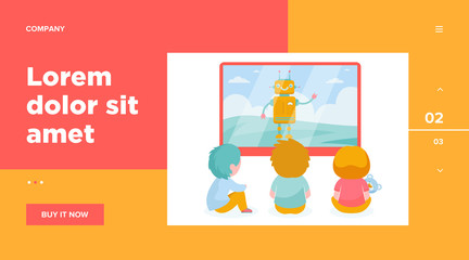 Children watching cartoon with robot. TV, screen, toy flat vector illustration. Childhood and digital technology concept for banner, website design or landing web page