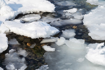 Natural sea ice blocks breaking up against the shore and ice during freezing winter weather. In the background