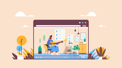 man blogger playing guitar recording online video blog live streaming blogging concept guy vlogger in web browser window living room interior horizontal full length vector illustration