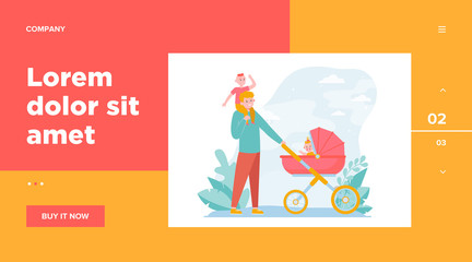 Happy father walking with children. Baby, carriage, park flat vector illustration. Family and fatherhood concept for banner, website design or landing web page