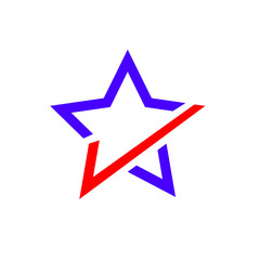Logotipo lineal estrella con símbolo check en color azul y rojo