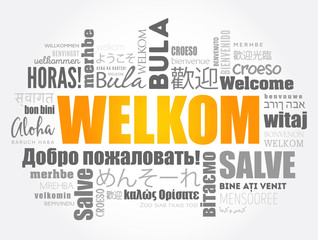 Welkom (Welcome in Afrikaans) word cloud in different languages
