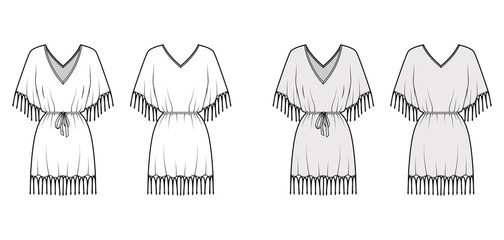 Fringed kaftan dress technical fashion illustration with deep V-neck, belted gathered, batwing elbow sleeves, above-the-knee length. Flat template front back white grey color. Women men unisex top