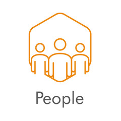 Concepto trabajo en equipo. Logotipo abstracto grupo de personas en hexágono lineal en color naranja y palabra people