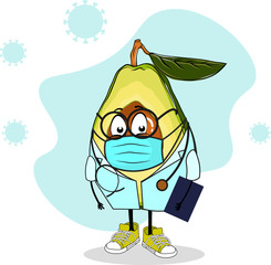 Funny avocado character design in medical suit. Mister  doctor for kids. Fruits in medical masks with phonendoscope and sneakers in cartoon flat style with stroke. Coronavirus background elemenents