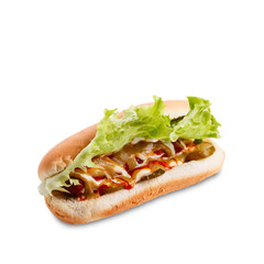 Hotdog with sausage and fresh salad