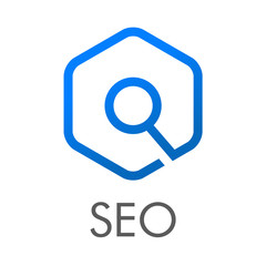 SEO - Search Engine Optimization. Logotipo lineal hexágono con lupa con texto SEO en color azul © teracreonte