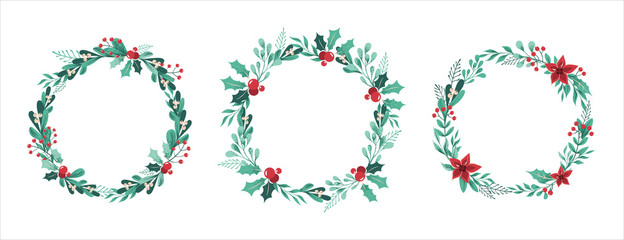 Set of Christmas wreaths of branches, leaves, berries, holly, white mistletoe, poinsettia. Isolated on white background. Round frame with place for text. Vector illustration.