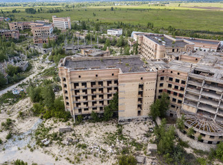 Aerial drone view. Abandoned unfinished building of the city hospital in Kiev.
