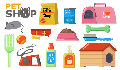 Pets supplies wet. Food and accessories for cats and dogs care, bowl, collar, brush, toys, leash, shampoo, can, kennel. Vector illustration for pet shop, domestic animals concept